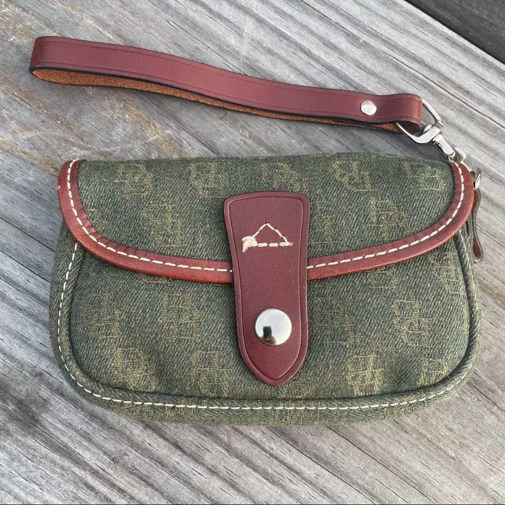 Dooney Bourke Monogram Signature Denim Leather Trim Flap Wristlet Clutch Wallet